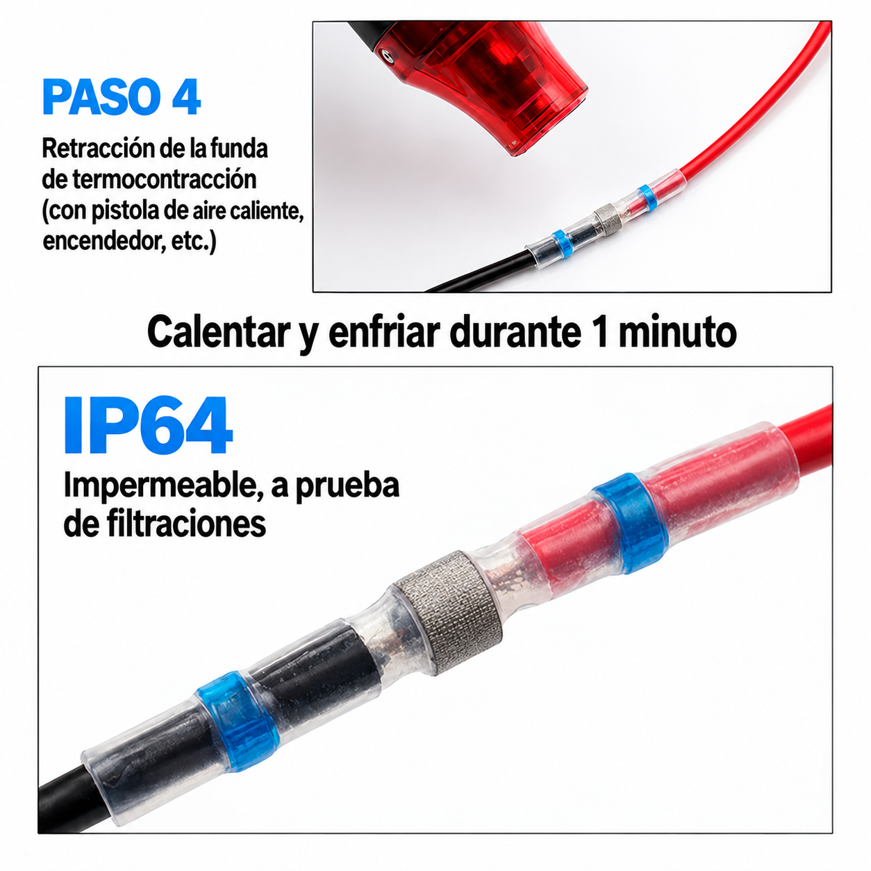 Empalme de cables con conector termocontraíble aplicado con pistola de calor